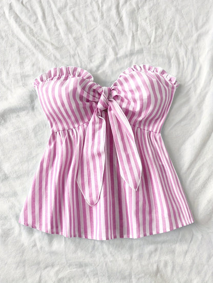 Damen Bandeau-Top mit Schleifen-Detail und Streifen – Stylisches, schulterfreies Oberteil für Freizeit und Ausgehen