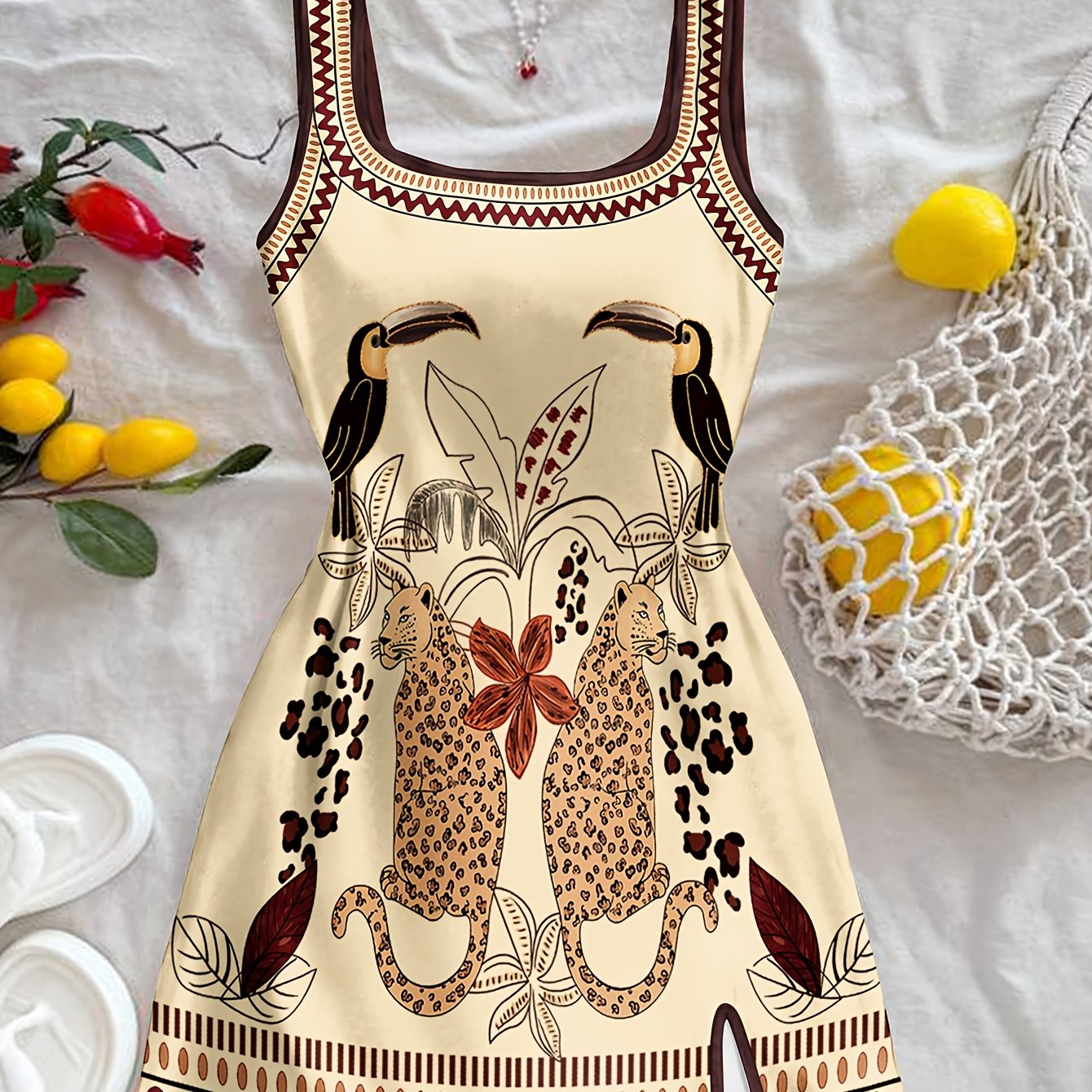 Damen Mini Kleid mit exotischem Tier- und Pflanzenmuster, Boho-Style, Freizeit & Urlaub
