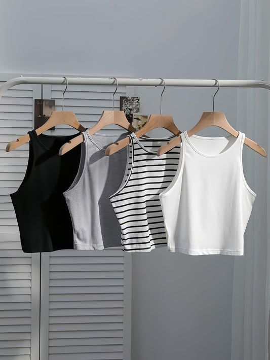 Damen Basic Tanktop Crop Set – Lässige Sommerwesten im 4er-Pack, Ideal für Alltag & Freizeit
