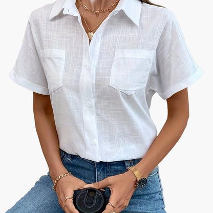 Damen Kurzarm Bluse mit Vogel-Print – Stilvolle Freizeit Hemdbluse für Alltag & Büro
