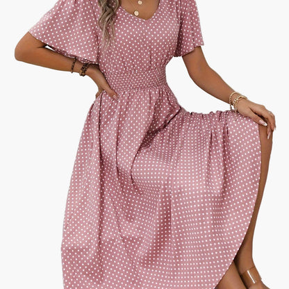 Damen Sommerkleid mit Punkten, V-Ausschnitt, elegant und luftig für Alltag & Urlaub