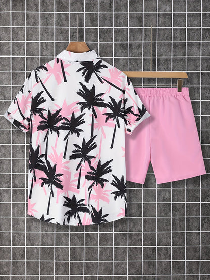 Herren Sommer Strandset – Kurzarm-Hemd mit Palmenmuster und Shorts, lässig für Urlaub & Freizeit