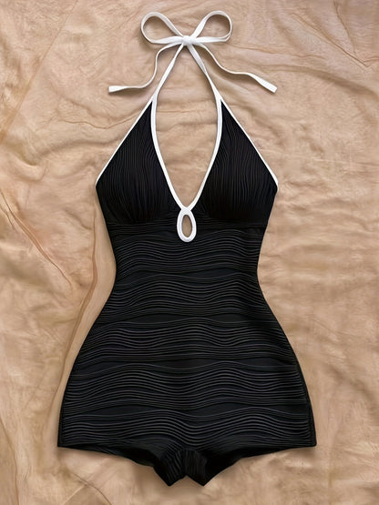 Damen Badeanzug im Vintage-Stil mit Wellendesign und Boyshort-Schnitt – Eleganter Einteiler für Strand und Pool