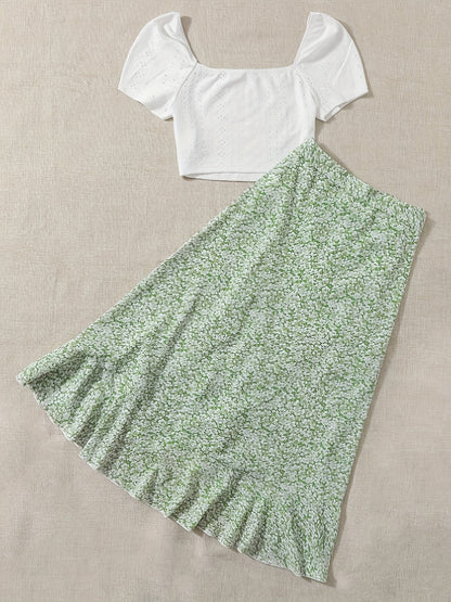 Damen Zweiteiler Set – Romantische Bluse mit Blumen Wickelrock im femininen Stil für Freizeit und Ausflüge