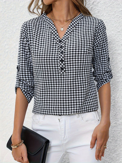 Damen Casual Karo Bluse mit Knopfleiste und 3/4-Ärmeln – Perfekt für Alltag & Freizeit