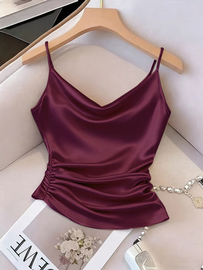 Damen Satin-Top mit Wasserfallausschnitt und Raffungen – Elegantes Camisole für besondere Anlässe