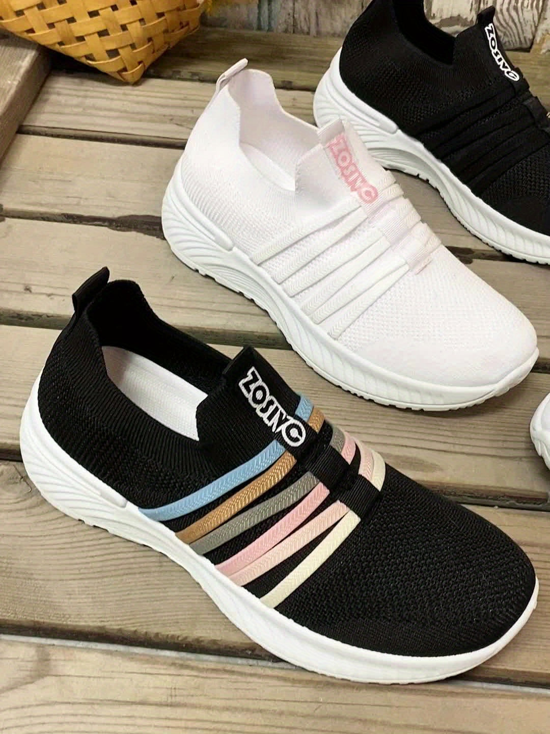 Damen Slip-On Sneakers Freizeit Bequeme Low-Top Schuhe mit Streifen-Design