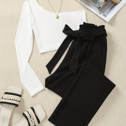 Damen Elegante Off-Shoulder Bluse mit Paperbag-Hose – Perfektes Outfit für Alltag und Büro