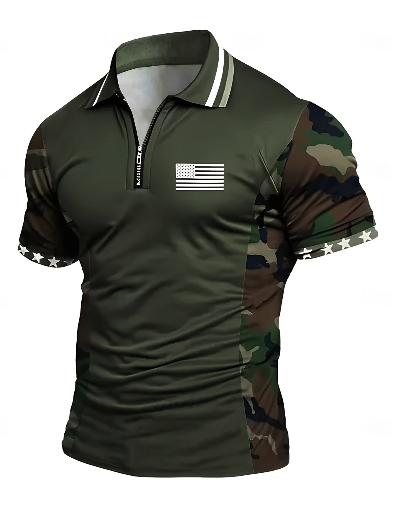 Herren Polo Shirt mit Tarnmuster, Reißverschluss und Flaggen-Design – Sportlich und Lässig für Outdoor und Freizeit