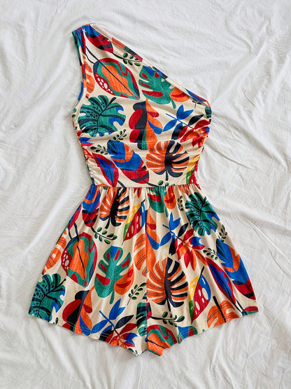 Damen Ein-Schulter Jumpsuit mit Tropenprint – Modischer Sommer Overall für Freizeit und Urlaub