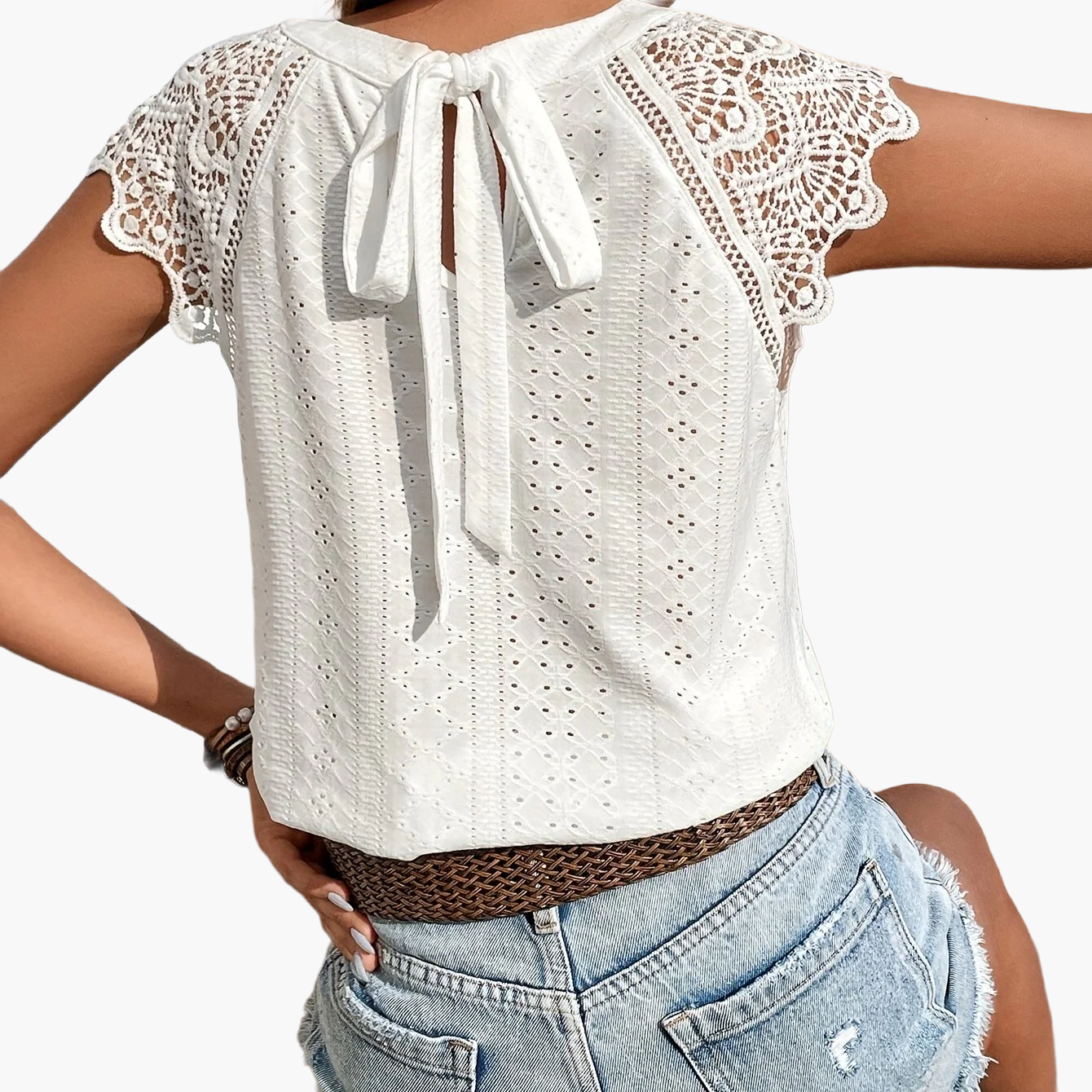 Damen Spitzentop mit Häkelärmeln und Rückenschleife – Sommer Freizeit Bluse