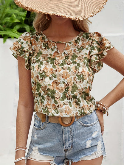 Damen Sommerbluse mit Blumenmuster und Rüschenärmeln – Elegante Freizeitmode