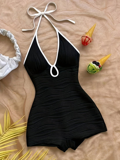 Damen Badeanzug im Vintage-Stil mit Wellendesign und Boyshort-Schnitt – Eleganter Einteiler für Strand und Pool