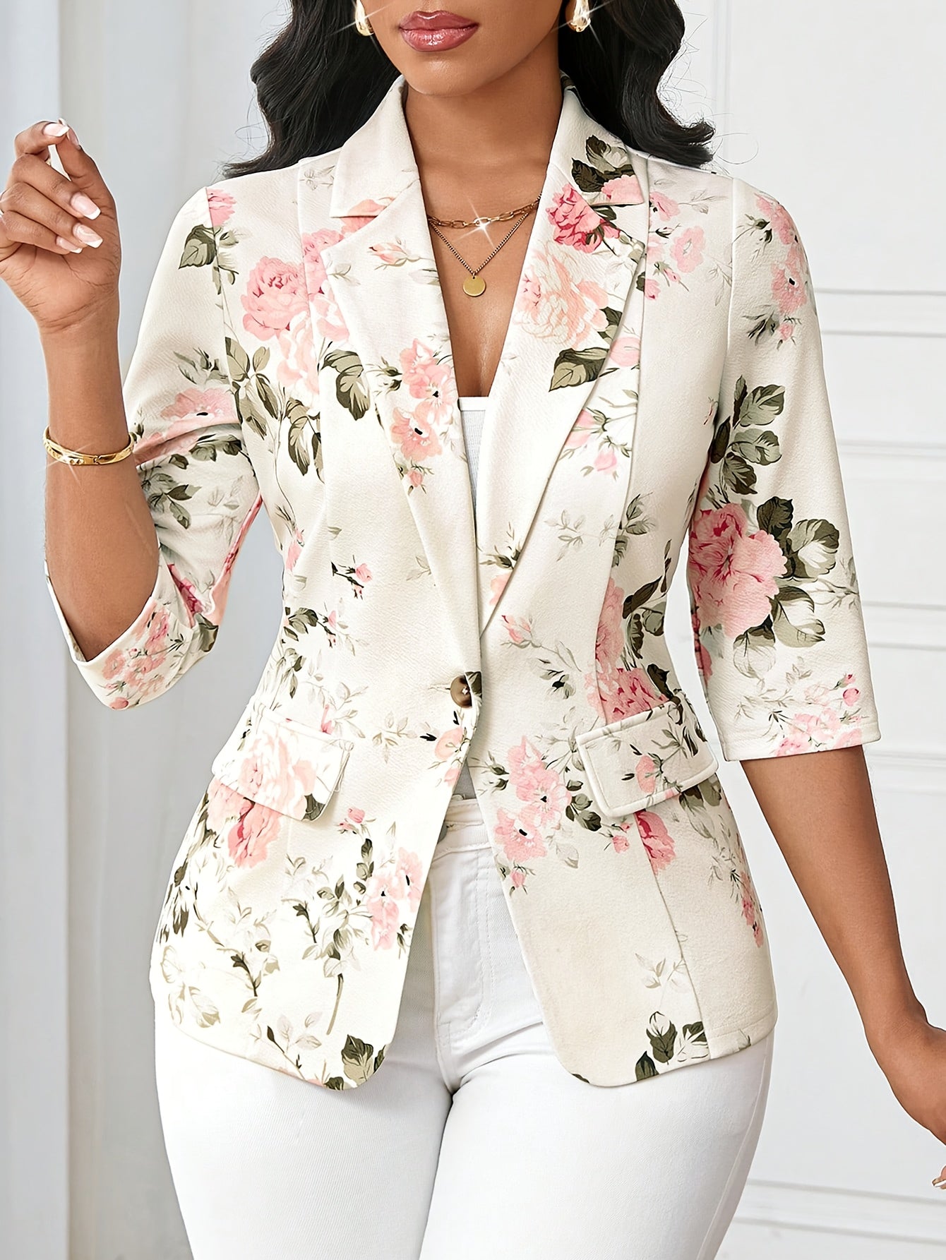 Damen Blazer Elegant Floral Business Freizeitjacke mit 3/4-Ärmeln