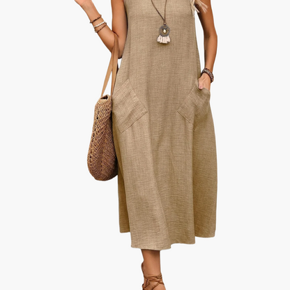 Damen Sommer Freizeitkleid ärmellos mit Taschen – Lockeres Midi Kleid für Alltag und Urlaub