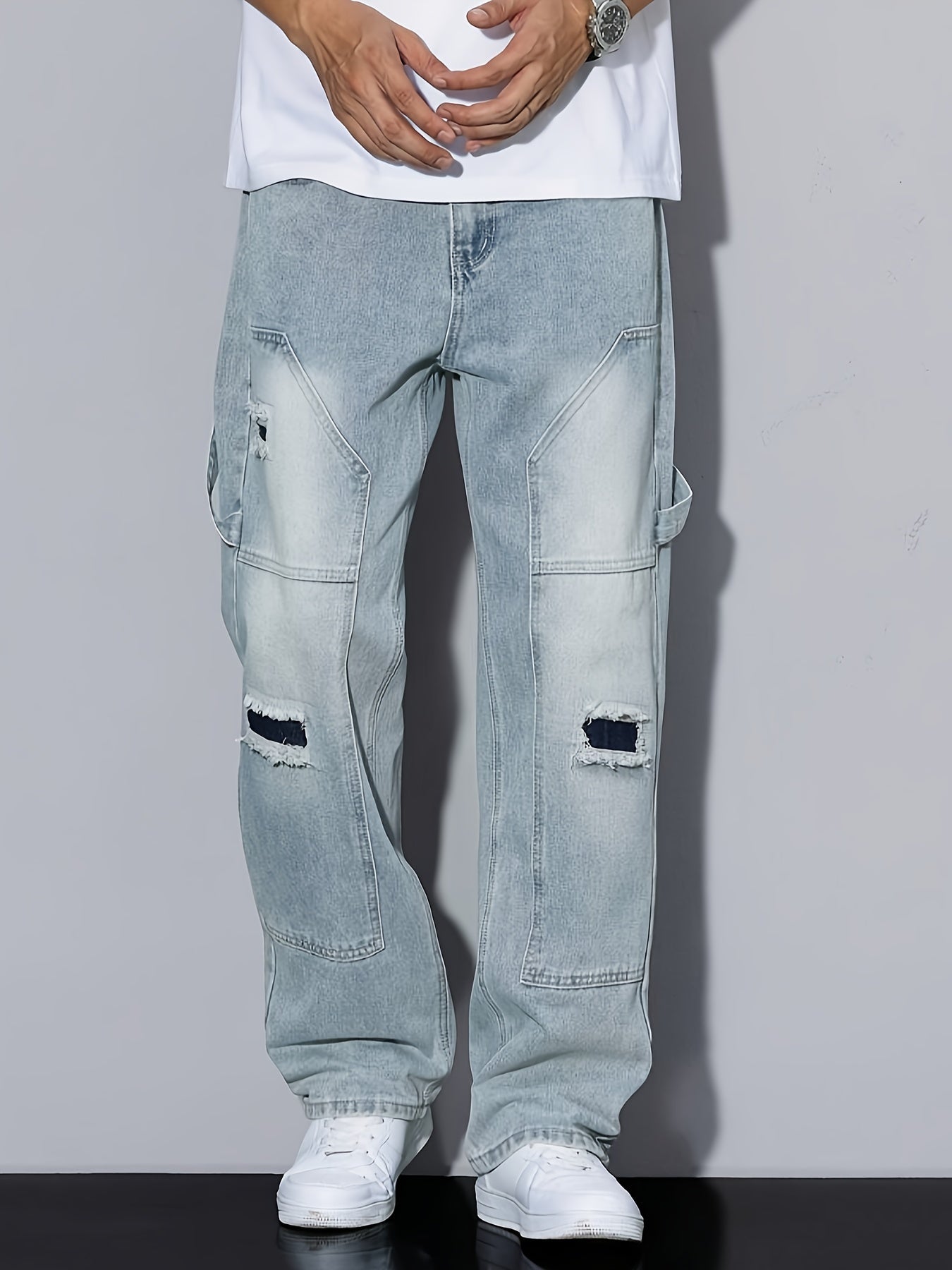 Herren Cargo Jeans im Used-Look – Locker geschnittene Streetwear Denim Hose mit Rissen