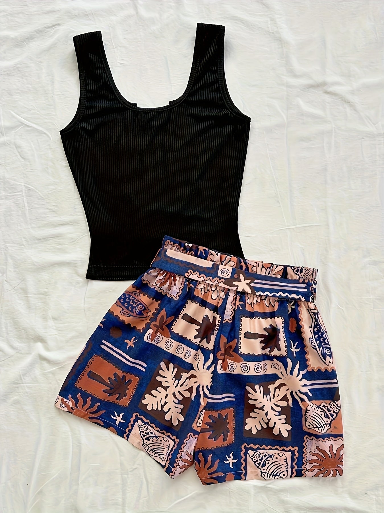 Damen Zweiteiler Set – Stylisches Top mit Tropenmuster Shorts für Urlaub und Freizeit
