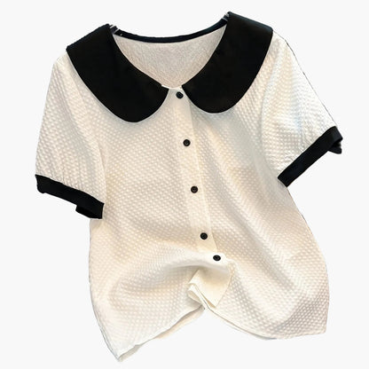 Damen Bluse im Vintage-Stil mit Kontrastkragen und kurzen Ärmeln – Elegante Alltagsmode
