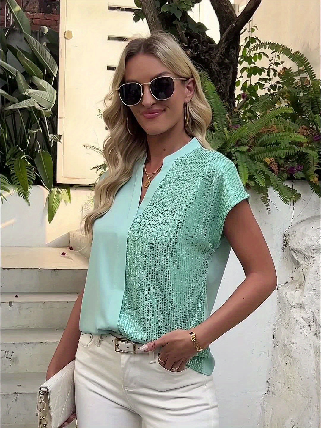 Damen Elegante Bluse mit Pailletten und V-Ausschnitt – Perfekt für Büro und Freizeit