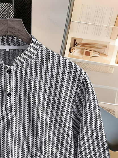 Herren Langarm Stehkragen Henley Shirt mit Streifenmuster – Lässiger und Eleganter Look