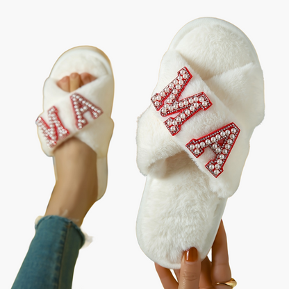 Damen Kuschelige Slipper mit "MA" Perlen-Motiv – Perfekt als Muttertagsgeschenk, Bequeme Hausschuhe für Mütter