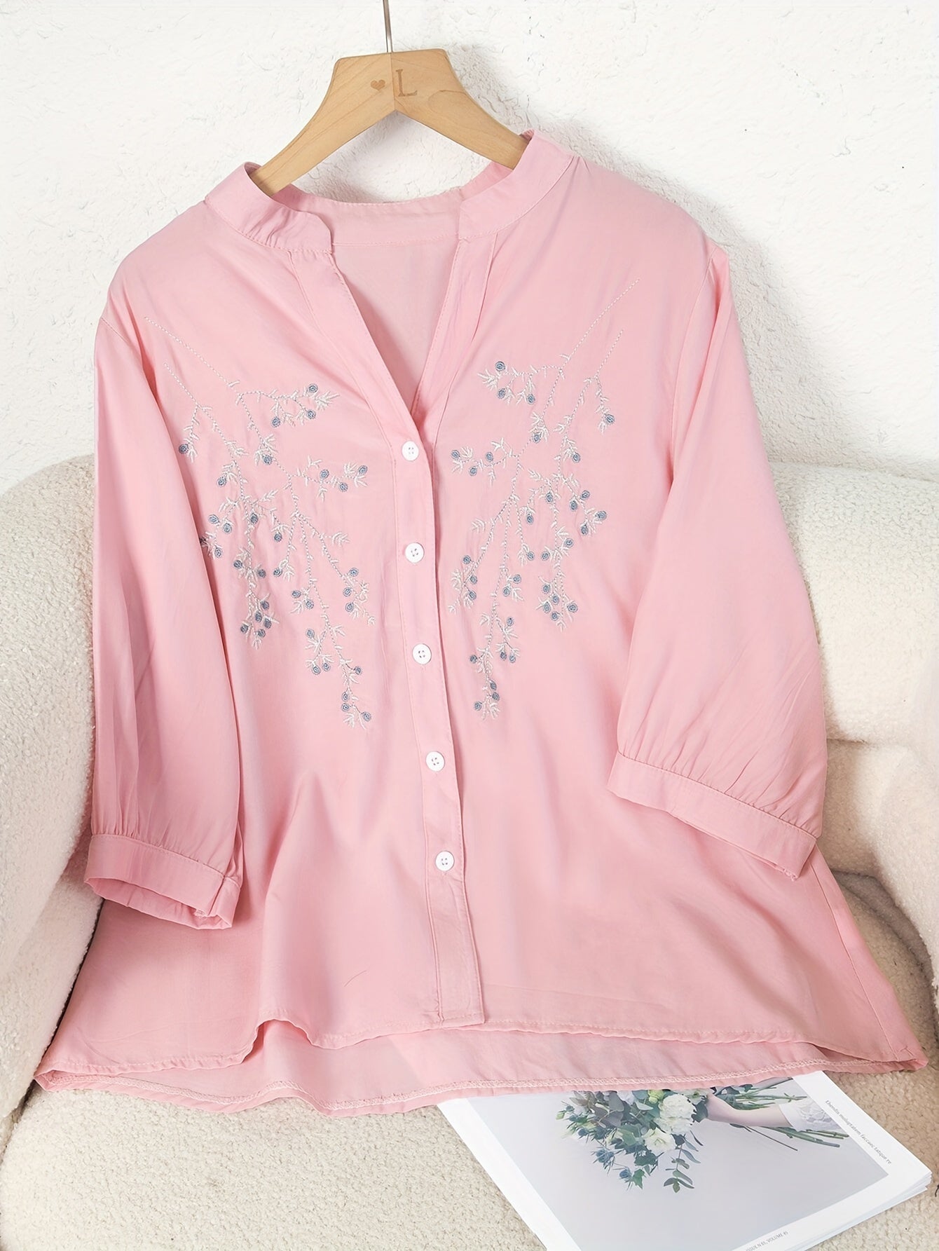 Damen Elegante Bluse mit Stickerei und lockerem Schnitt – Perfekt für Freizeit und Büro