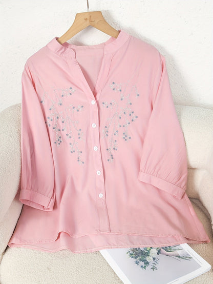 Damen Elegante Bluse mit Stickerei und lockerem Schnitt – Perfekt für Freizeit und Büro