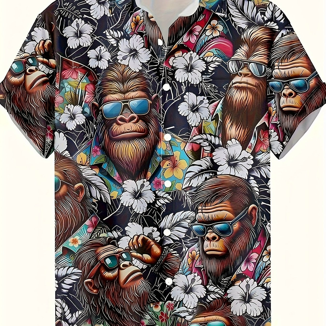 Herren Hawaiihemd mit Gorillamotiv und tropischem Blumenmuster – Lustiges Sommer Freizeithemd
