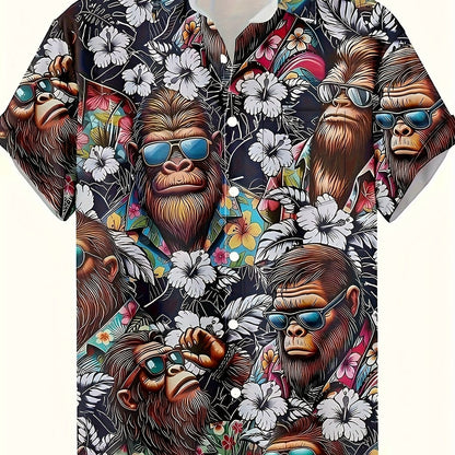Herren Hawaiihemd mit Gorillamotiv und tropischem Blumenmuster – Lustiges Sommer Freizeithemd