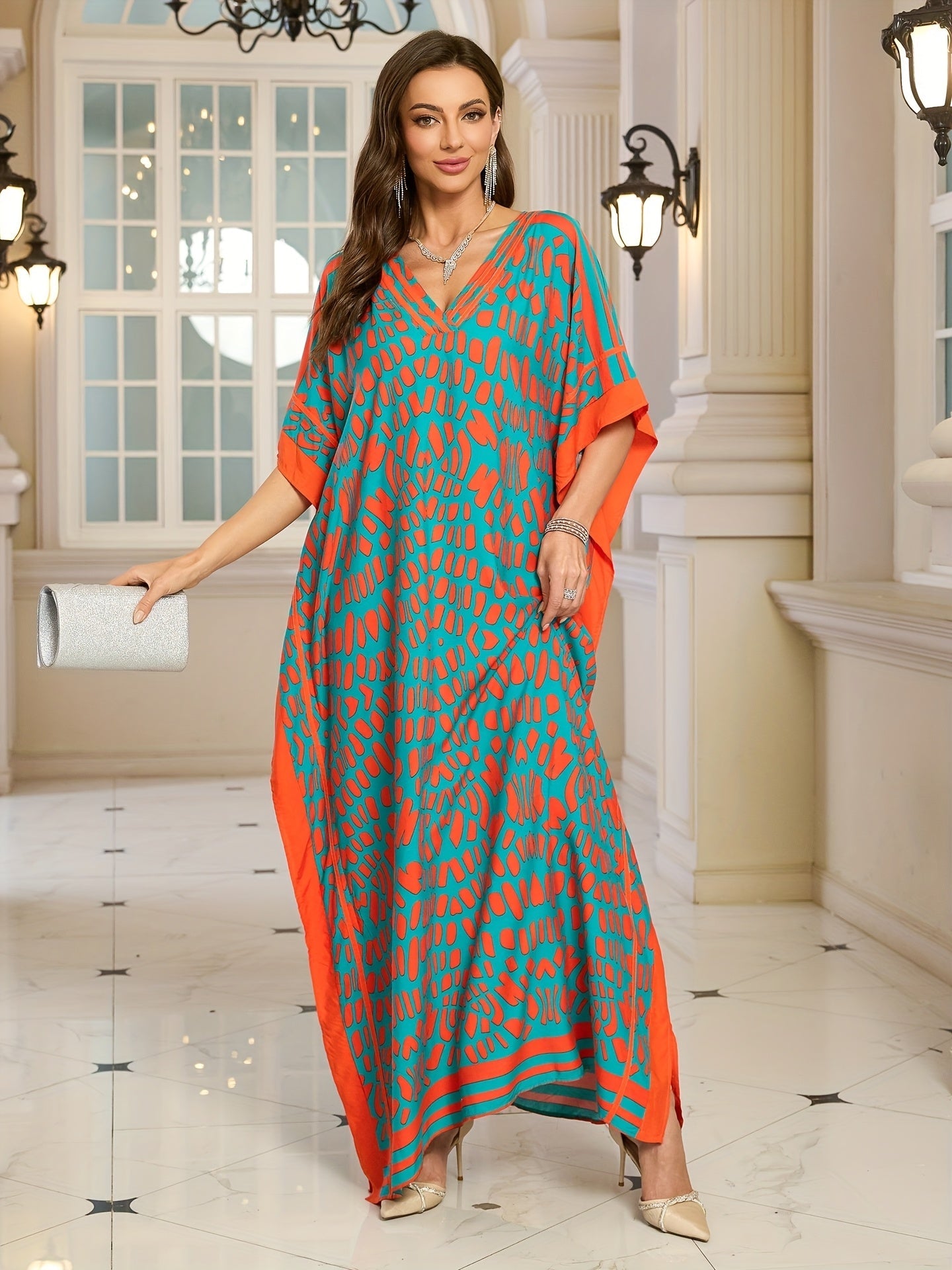 Damen Boho Maxikleid mit Kaftan-Schnitt und V-Ausschnitt – Elegantes Freizeitkleid für Sommer und Urlaub