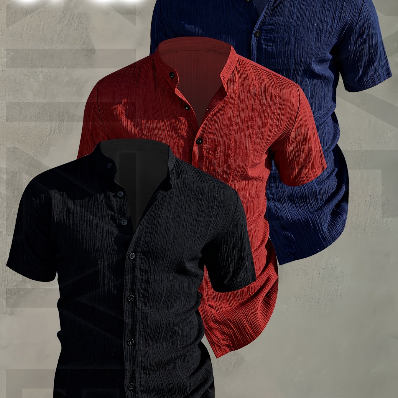 Herren 3er-Pack Freizeithemd mit Stehkragen, Kurzarm, Modernes Design, Knopfleiste