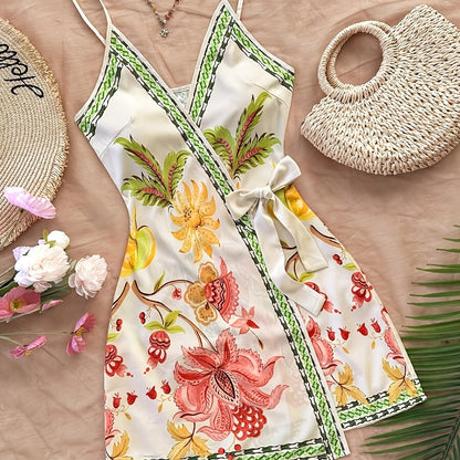 Damen Wickelkleid im Tropischen Stil mit Blumen- und Vogelmotiven