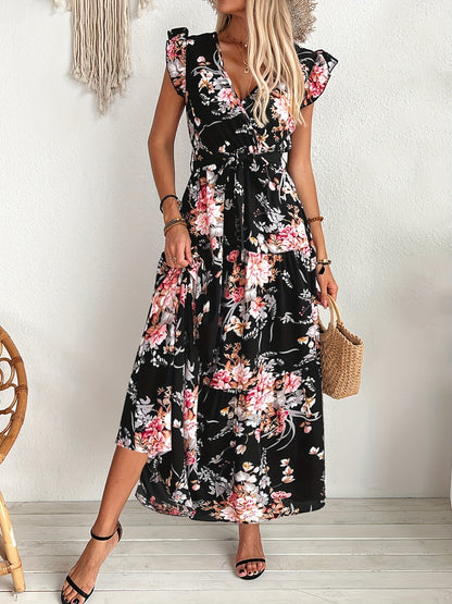 Damen Maxikleid mit Blumenmuster und Gürtel – Elegantes Sommerkleid für Urlaub und Freizeit