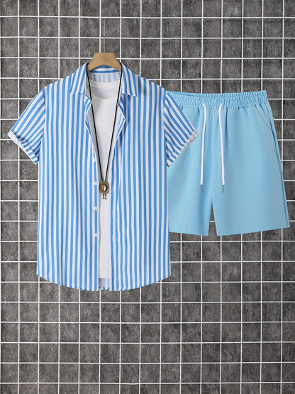 Herren Freizeit Set – Gestreiftes Hemd mit Shorts, Moderner Sommer-Look