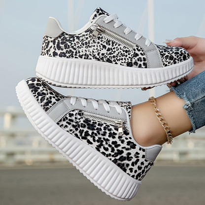Damen Plateau-Sneaker mit Leopardenmuster und Reißverschluss – Modische Freizeitschuhe für Alltag und Ausgehen