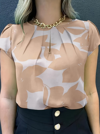 Damen Bluse mit abstraktem Muster und Falten-Detail – Elegante Sommer-Office-Mode