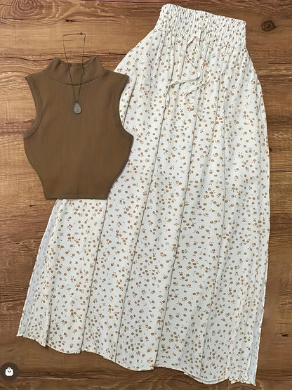 Damen Modisches Zweiteiler-Set mit Rippen-Top und Blumenrock – Eleganter Freizeit-Look