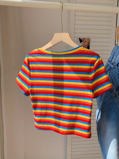 Damen Modernes Streifen-Rippstrick T-Shirt – Kurzarm, Lässiger Streetstyle