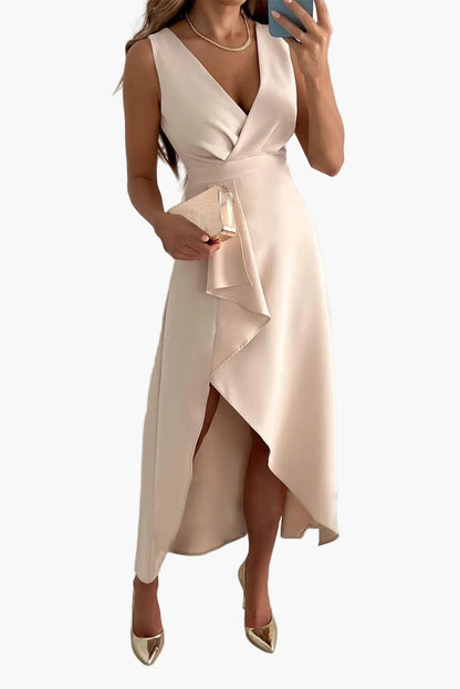 Damen Elegantes Abendkleid Wickeloptik V-Ausschnitt Asymmetrischer Saum Festmode