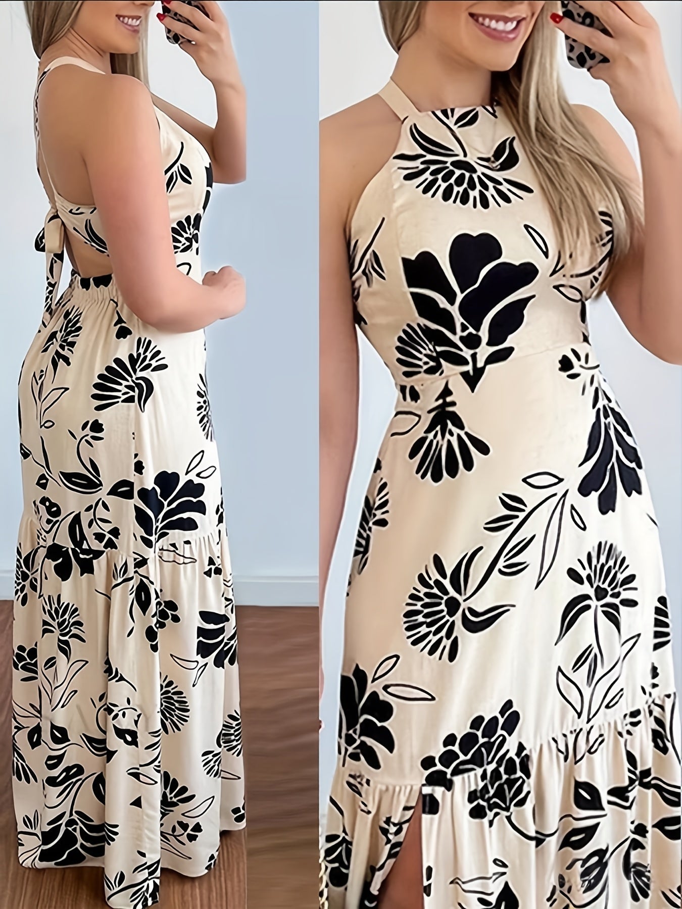 Damen Maxikleid Elegant Sommer Fit & Flare mit Blumenmuster und Rückenschnürung – Perfekt für Strand und Urlaub