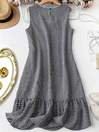 Damen Ärmelloses Kleid mit Karomuster und Rüschensaum – Lässiger Stil für Alltag und Freizeit