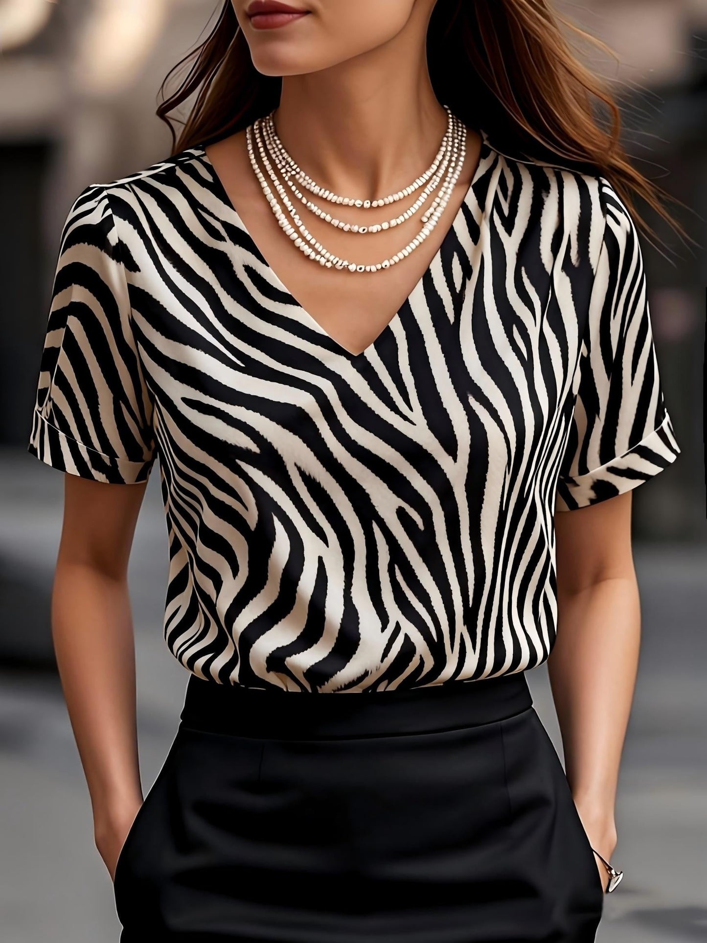 Damen Zebra-Print Bluse mit V-Ausschnitt – Elegante Kurzarm Business & Freizeit Bluse