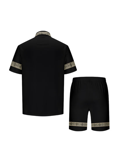 Herren Freizeit Zweiteiler Set mit geometrischem Muster – Kurzarm Hemd und Shorts, Vintage Style, Sommer Outfit
