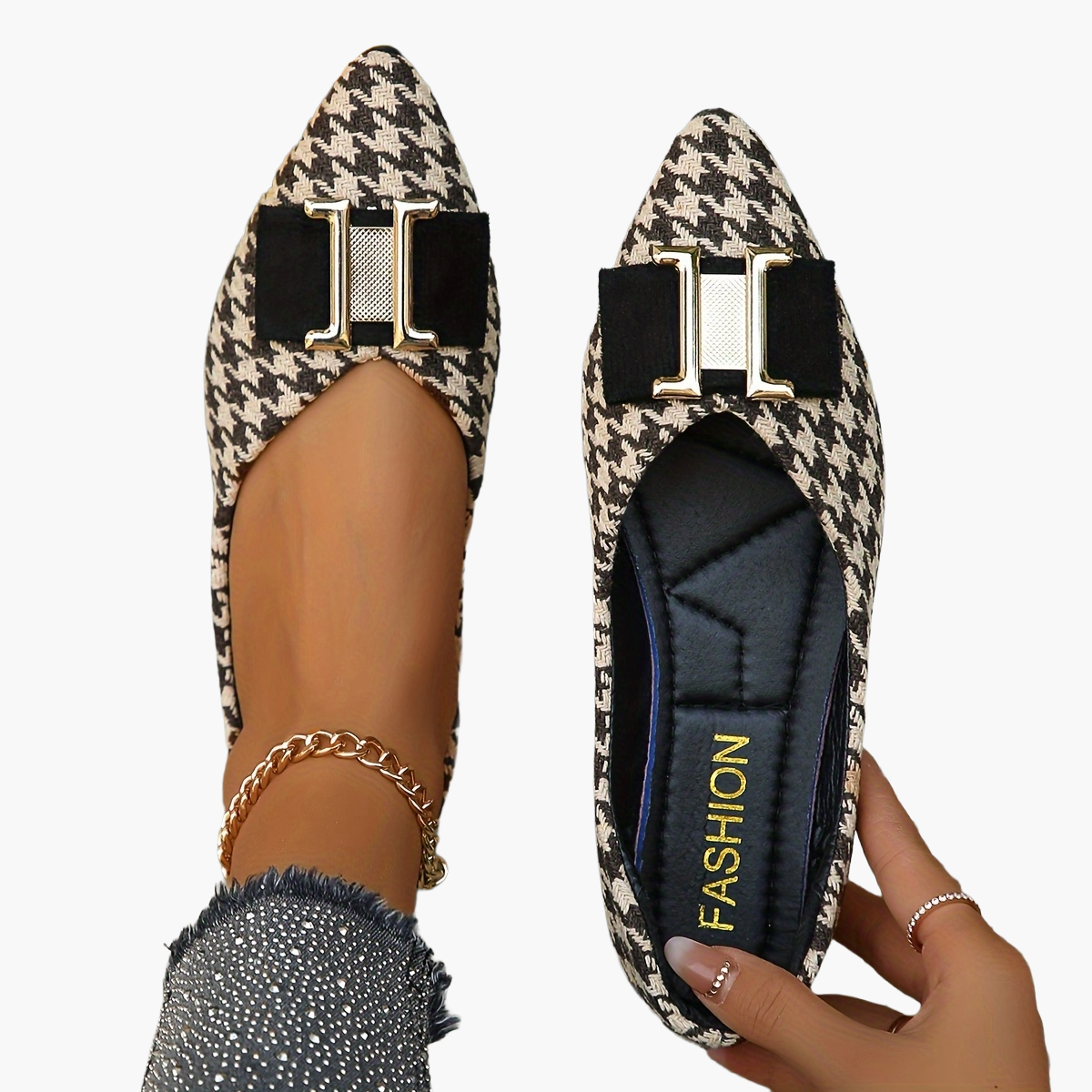 Damen Ballerinas mit Hahnentritt-Muster und Schleifendetail – Elegante Flats für Alltag und Büro