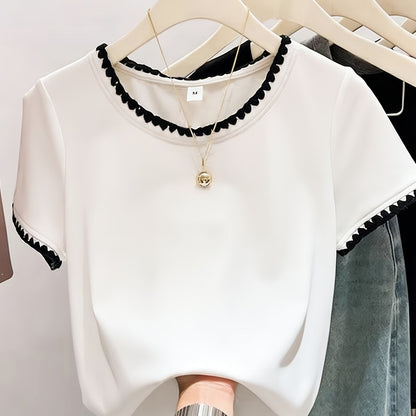 Damen Bluse mit Wellenkante und Rundhalsausschnitt – Eleganter Alltagsstil