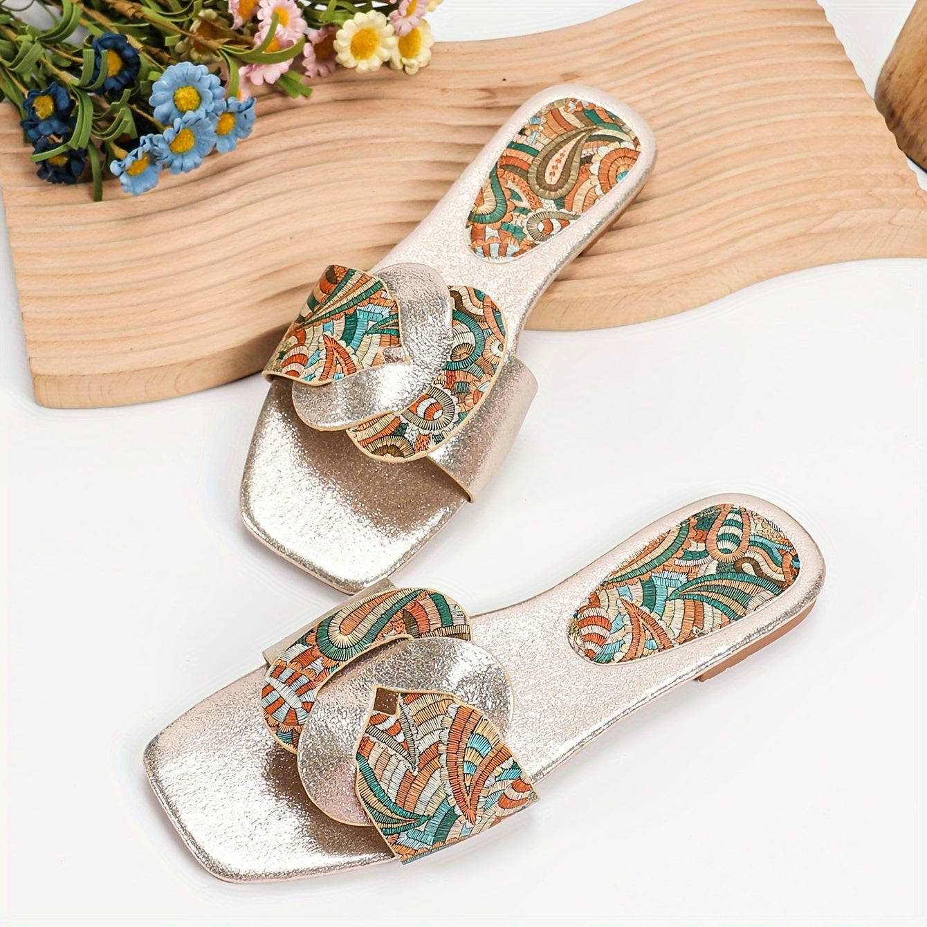 Damen-Pantoletten mit Paisley-Muster und modernem Square-Toe-Design – Elegante Sommerschuhe für Alltag und Freizeit