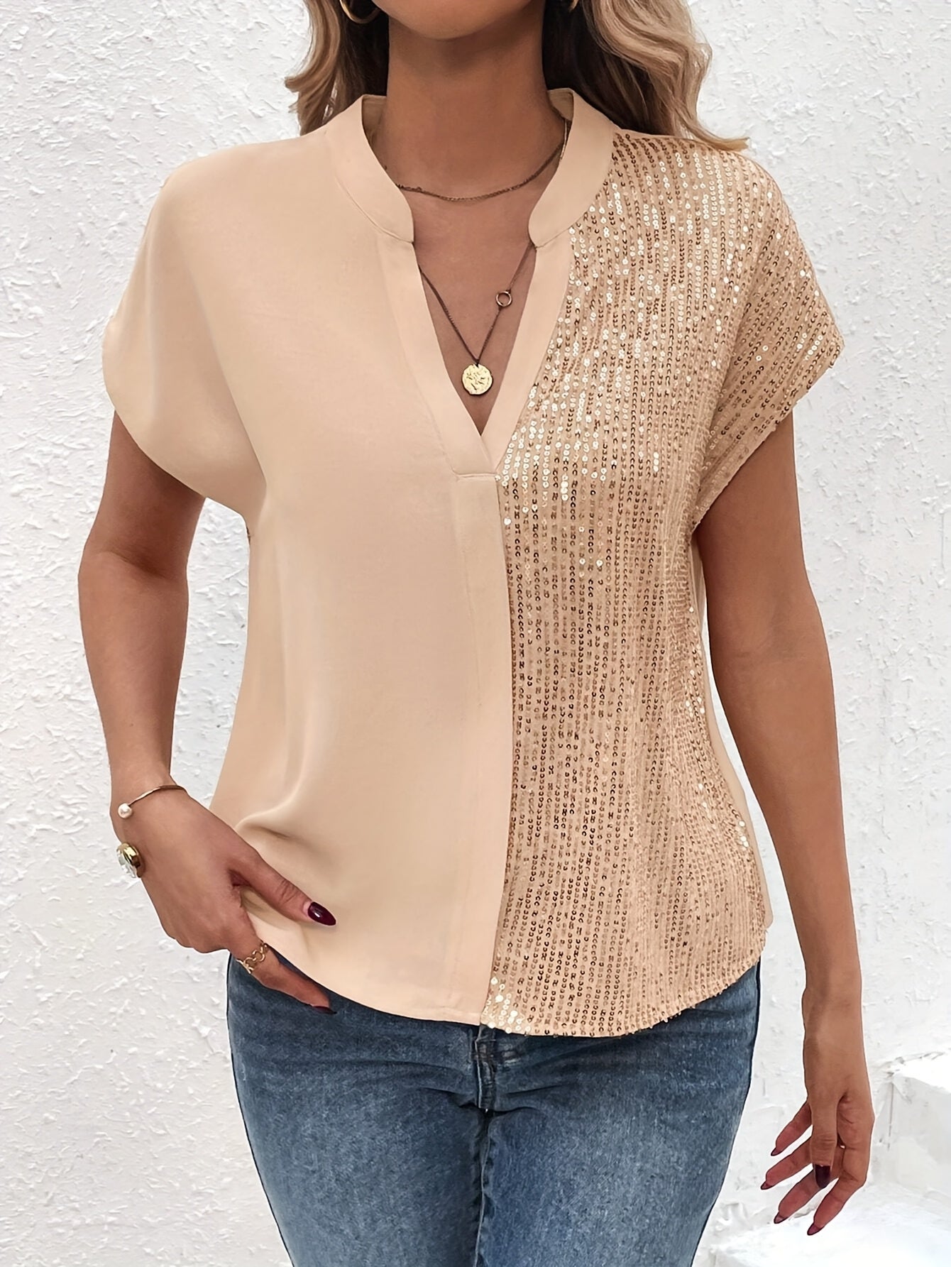 Damen Elegante Bluse mit Pailletten und V-Ausschnitt – Perfekt für Büro und Freizeit