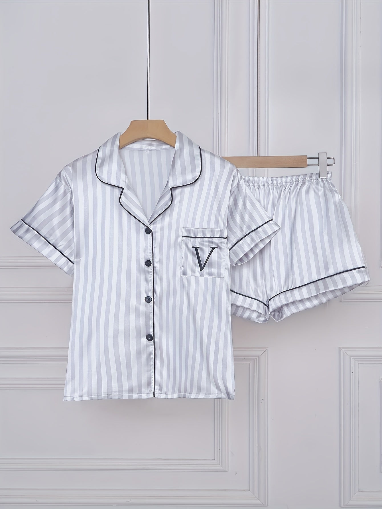 Damen Satin Pyjama Set mit Streifen, Kurzarm, Klassischer Schlafanzug für Frühling und Sommer