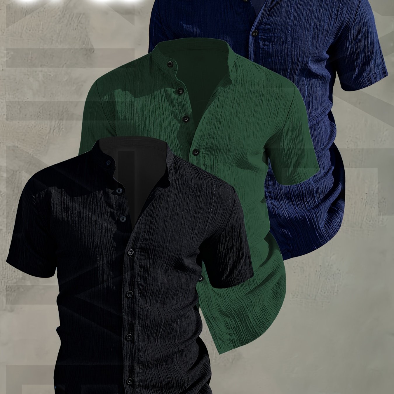 Herren 3er-Pack Freizeithemd mit Stehkragen, Kurzarm, Modernes Design, Knopfleiste