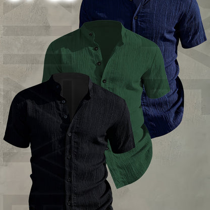 Herren 3er-Pack Freizeithemd mit Stehkragen, Kurzarm, Modernes Design, Knopfleiste